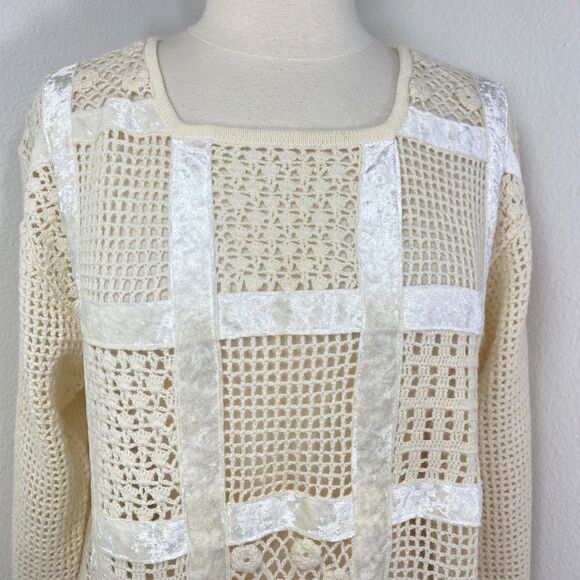 Otto Ivory Crochet Velvet Patchwork Top Large Long Sleeves Romantic Boho Whimsy - Picture 2 of 12